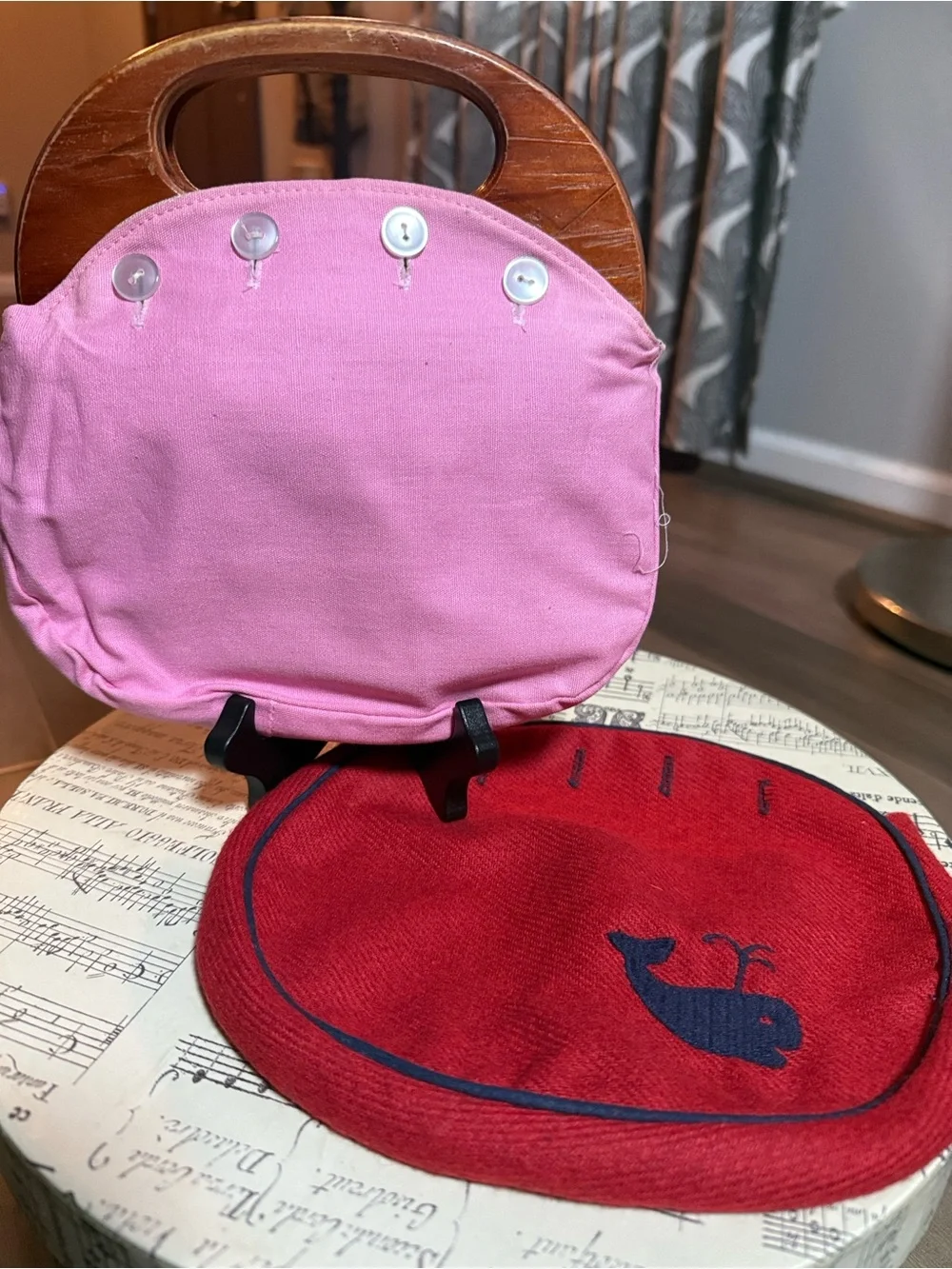VTG Handmade Wooden Handle Pouch Bag Pink Canvas Red Wool Embroidered Whale